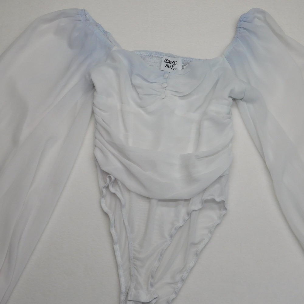 Princess Polly Bodysuit Womens 6 White Sheer Puff Sleeve Ruched Off Shoulder Top